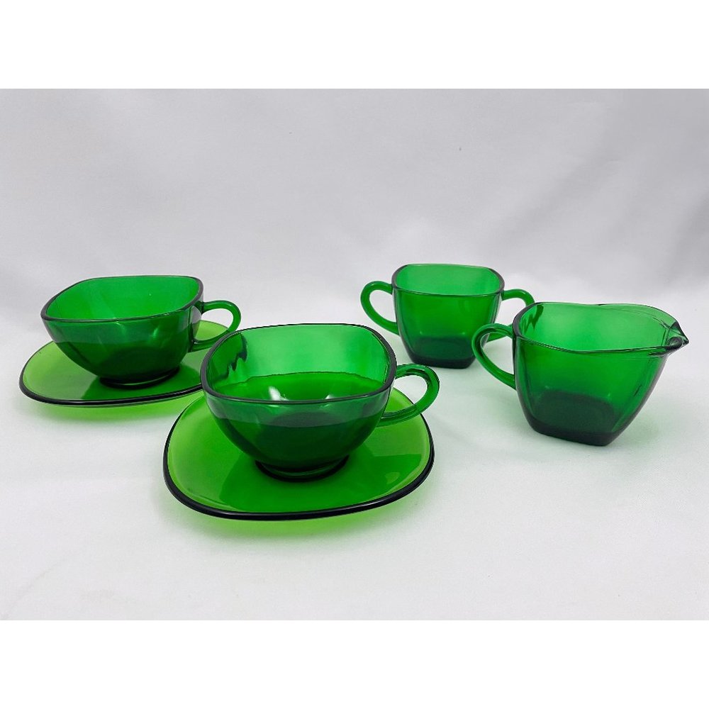 Vintage cups and saucers, sugar and creamer set, Vereco France green glass